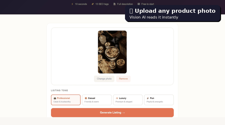 ListifyAI Vision AI demo — upload product photo and get complete Etsy listing with SEO title description and 13 tags in 10 seconds